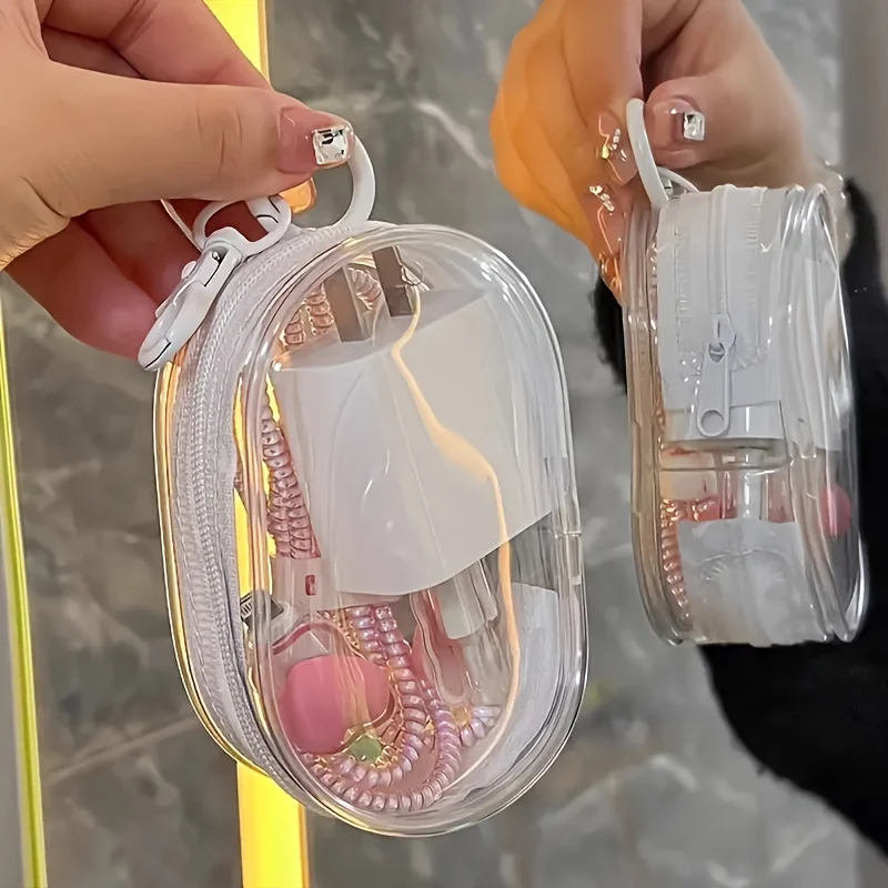 2pc Compact Clear Zippered Storage Bag With Keychain - Multifunctional Organizer For Earphones, Chargers & Travel Accessories