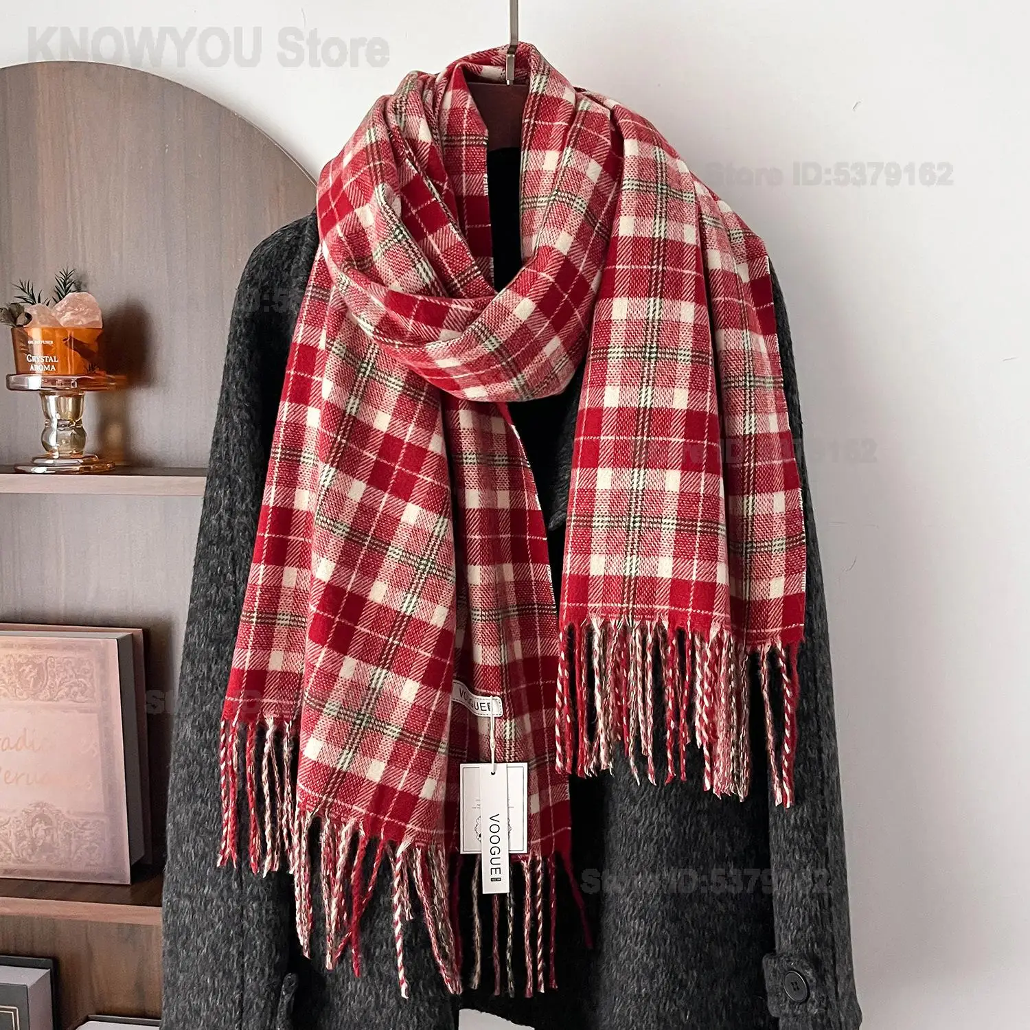 Women Vintage Grid Plaid Scarf Autumn Winter Korean Style Thickened Windproof Shawl Multi Color Casual Commute Neck Warmer