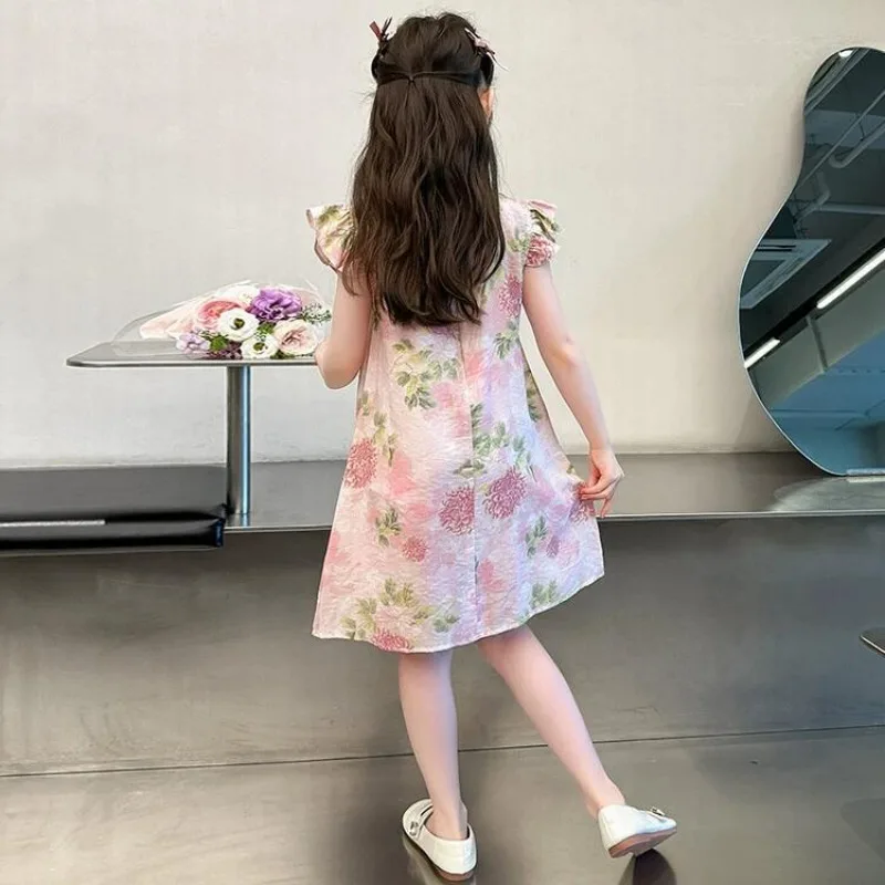 2025 여름 새로운 Vinatge 중국어 Qipao 꽃 소녀 드레스 당나라 정장 아동 의류 키즈 Hanfu 꽃 인쇄 Cheongsam for Girls 4