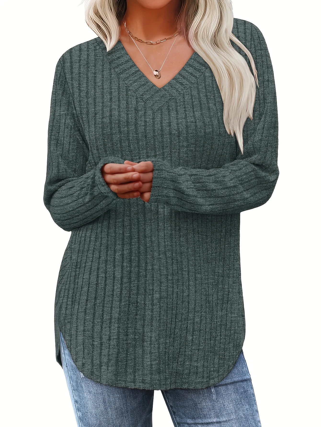 Pull en tricot côtelé à col en V pour femmes grandes tailles, pour un style et un confort décontractés, parfait pour les tenues décontractées