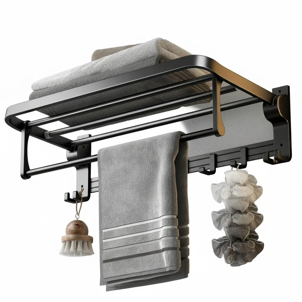 

Складная настенная вешалка для полотенец с крючками - компактная полка для хранения в ванной комнате, матовый черный