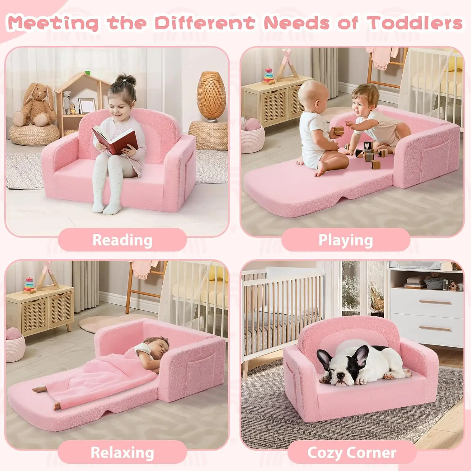 2-in-1 Convertible Kids Sofa with Rainbow Design, Soft Blanket, and Portable Handle for Toddlers