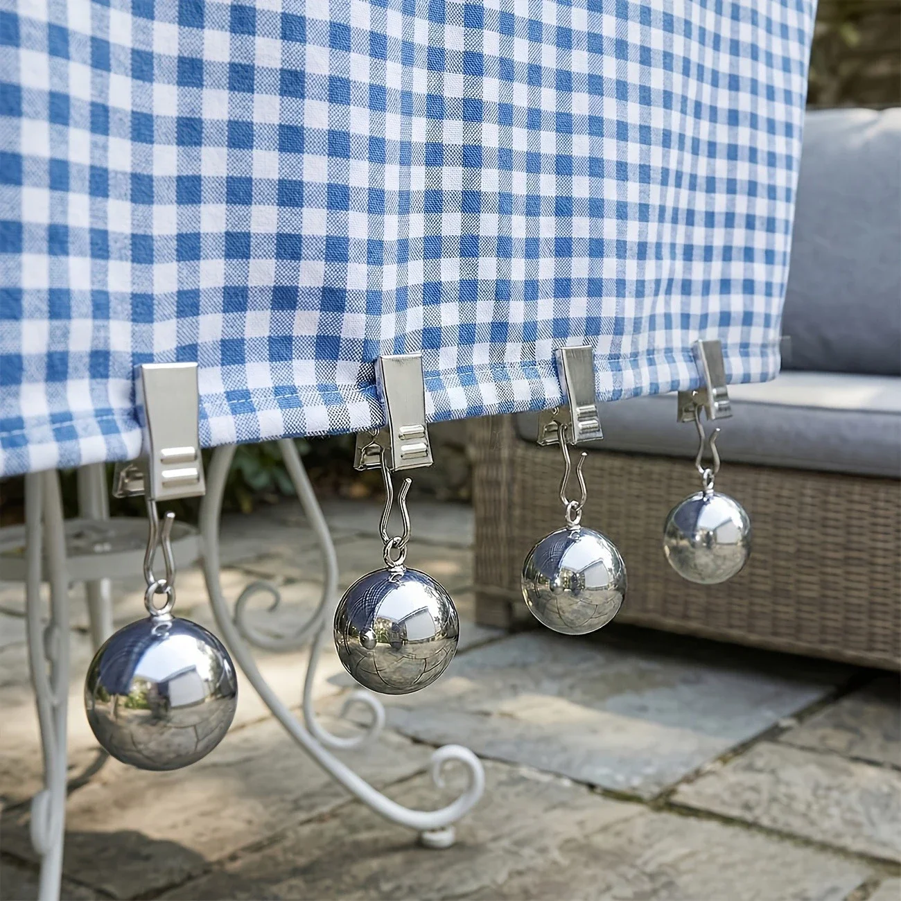 4Pcs Curtain & Tablecloth Weights, Stainless Steel Ball Clips, Stable Grip Fasteners for Home, Outdoor and Camping Use