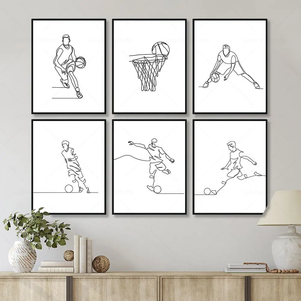 

American Football Baseball Basketball Wall Art Posters Sports Line Art Drawing Canvas Print Minimalist Paintings Bedroom Decor