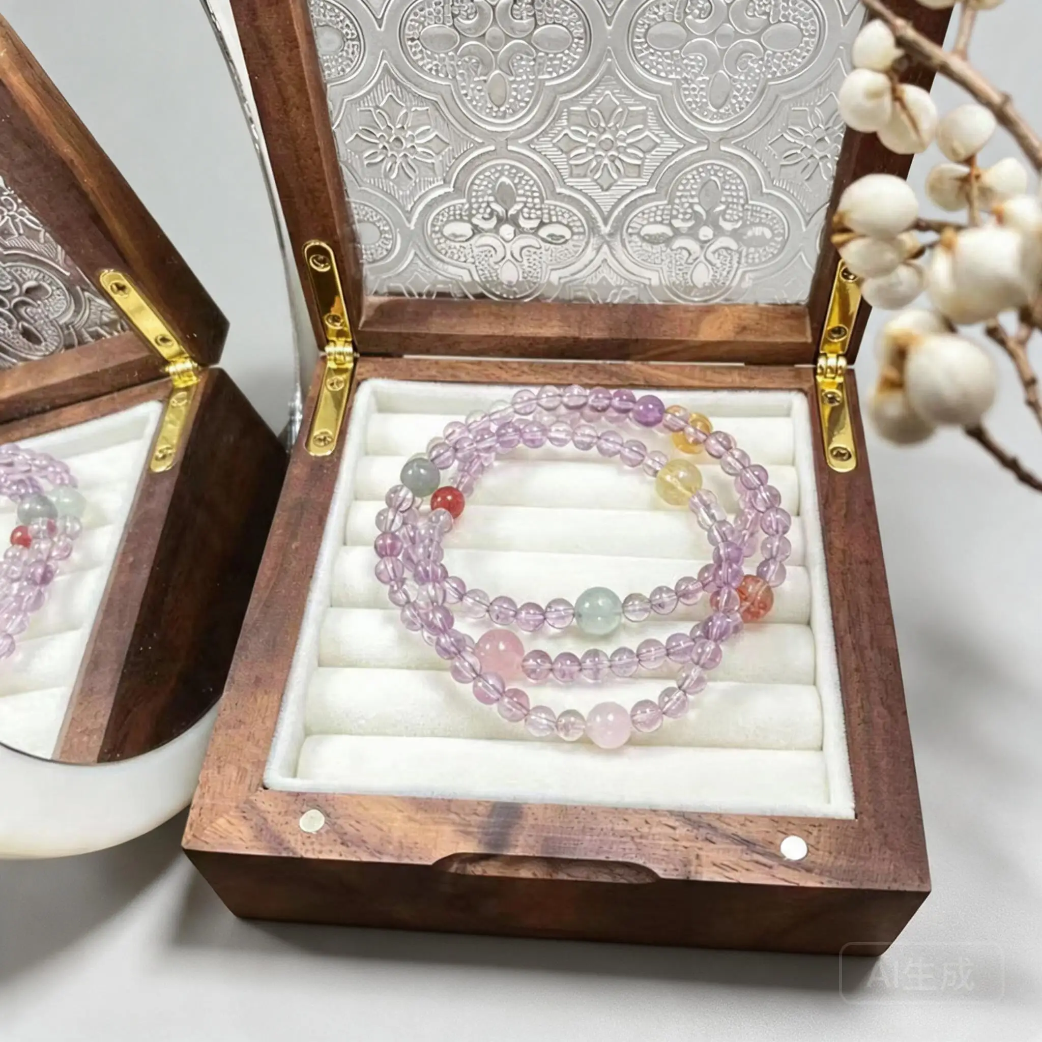 Chinese Style Natural Amethyst Handstring Bracelet 4mm 3 Wrap Multi Gems Lucky Auspicious Wealth Blessing Elegant Gift For Women