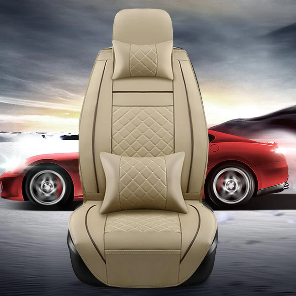 Universal PU Leather Full Enclosed Car Seat Covers, Wear-resistant Breathable 5-Seat Auto Cushion Set, Luxury Beige Interior Pro