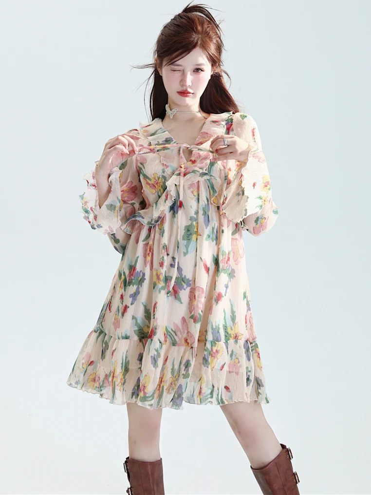 Spring Chiffon New Girlish V-Neck Skirts Necklace-tie Long Sleeve High Waist Trendy Streetwear Sweet Print Korean Style Vestidos