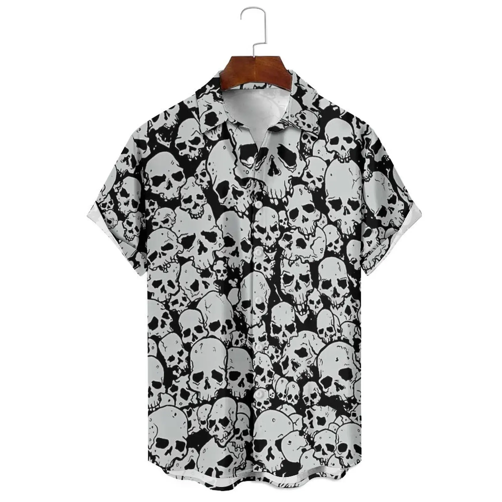 

Stylish Summer Men/Women Can Wear 3d Cartoon Skull Illustration Printed Solid Color Plus-Size Casual Lapel Short-Sleeved Shirt