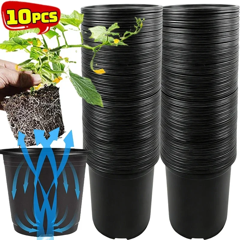 50pcs Black Breathable Seedling Pots Plastic Flower Pots with Drain Holes Reusable Home Garden Greenhouse Nursery Plants Cup Tra