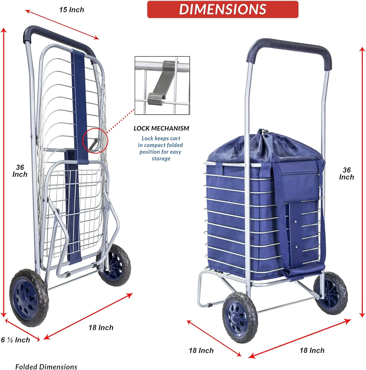 with Bag Bundle Shopping Cover Grocery Rolling Folding Laundry Basket on Wheels Foldable Utility Trolley Compact Lightweight Col