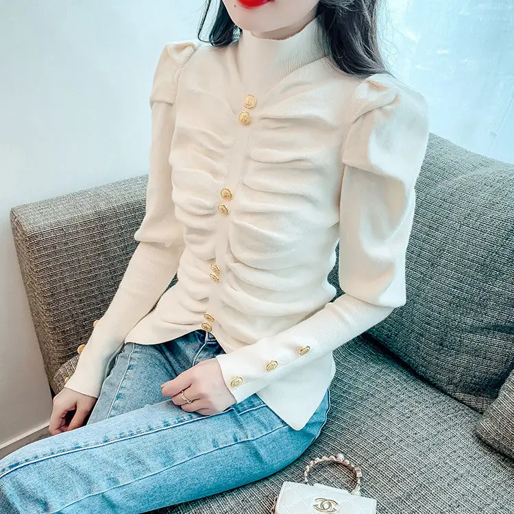 Elegant Puff Sleeve Button Folds Sweaters Women\'s Clothing 2023 Autumn Winter Slim Knitted Korean Pullovers Irregular Tops