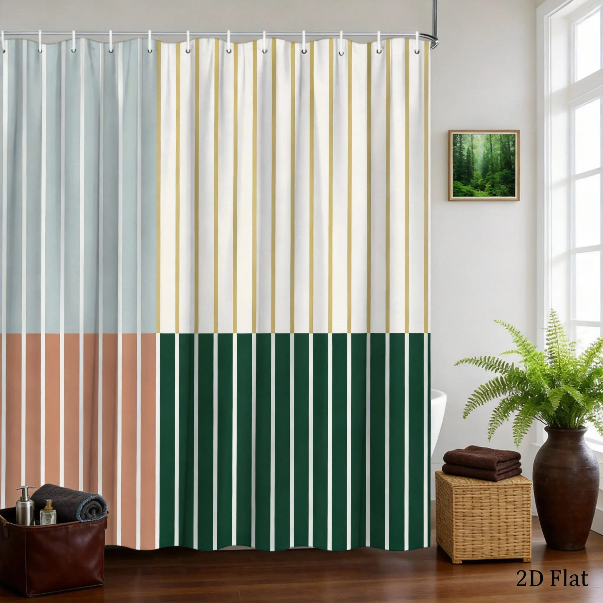 

Modern Shower Curtain 180x180cm – Minimalist Vertical Stripes in Blue Yellow Brown, Geometric Bathroom Decor, 12 Hooks