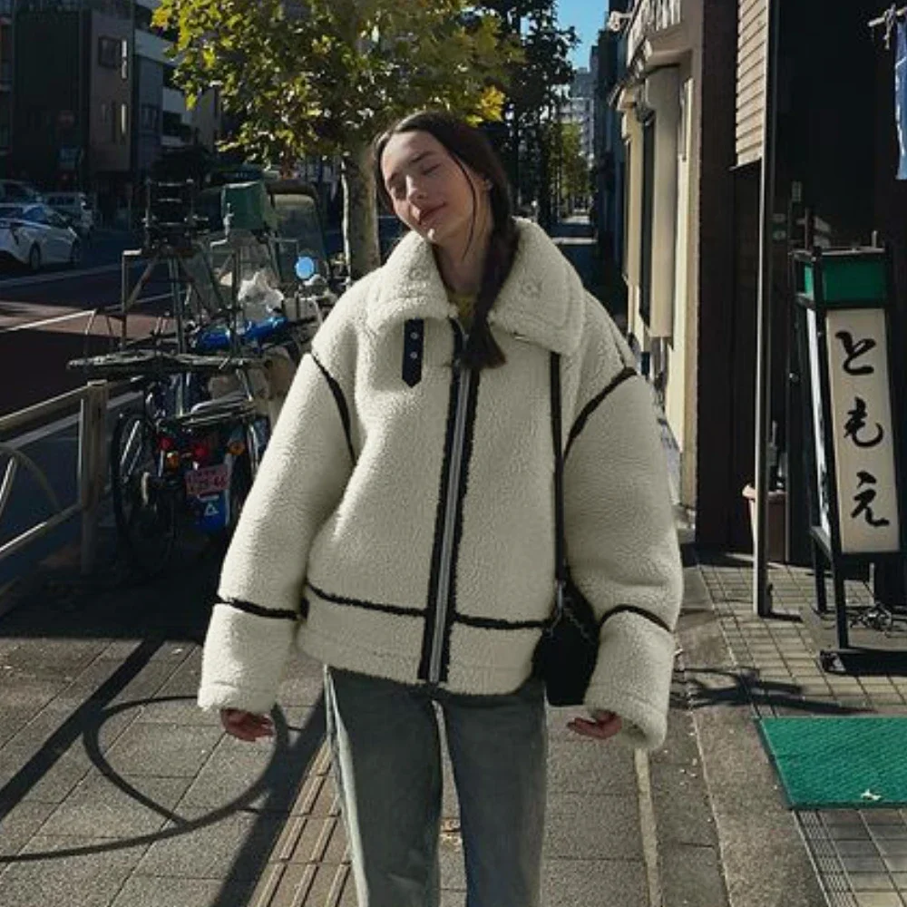 Suninheart Winter Warm Lamb Wool Jacket Casual Loose Thick Coat Contrast Color One Piece Faux Fur Jacket Coat Plush Jacket Women