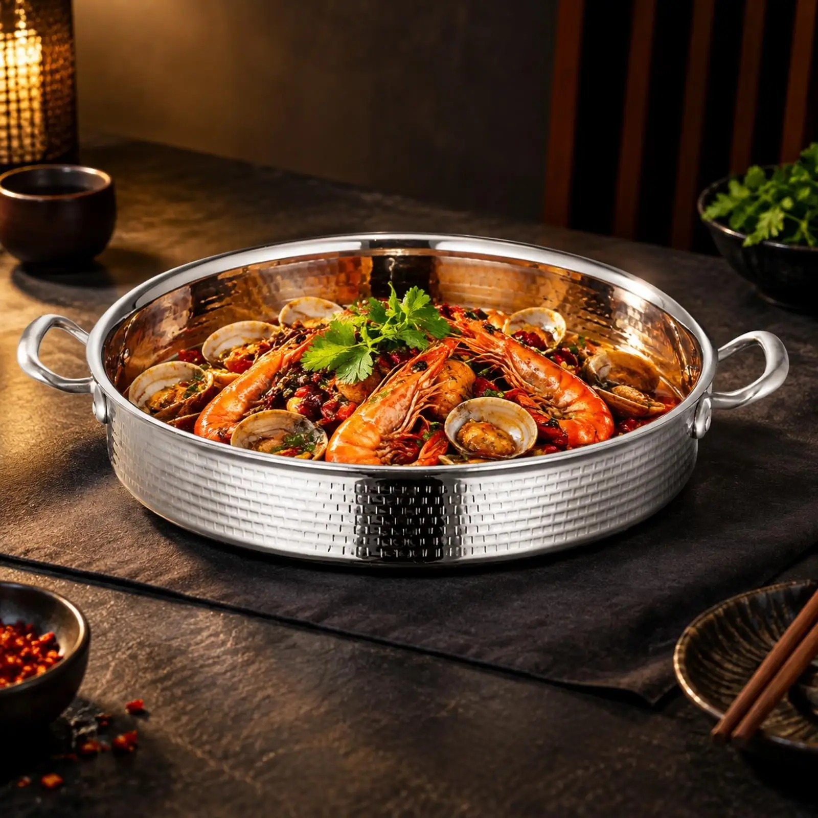 Shallow Dry-Pot Cooking Pan Flat Bottom Stainless Steel Hot Pot Pan Flat-Profile Spacious for Family Home Cooks