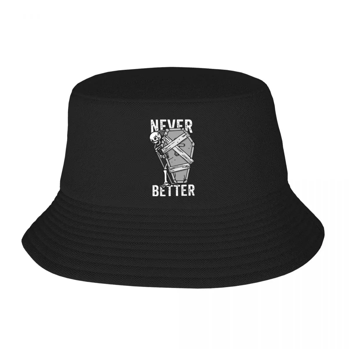 Never Better Skeleton Coffin Halloween Bucket Hat for Women Vocation Bob Hats Streetwear Foldable for Camping Dropshipping