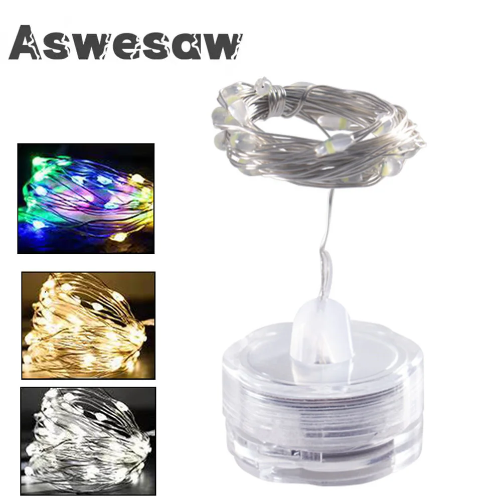 Aswesaw LED String Light Underwater Lamp 1m 2m LED Button Battery Holder Candle Copper Wire String Lights Plum shaped Waterproof