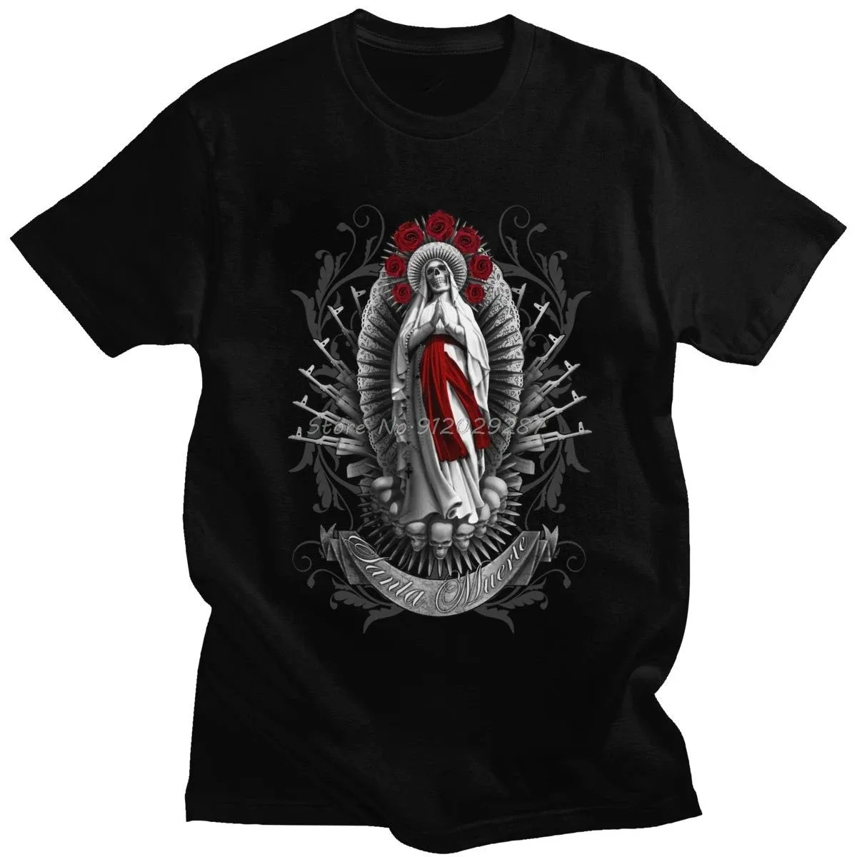 Fashion Men Santa Muerte T Shirt Short Sleeved Cotton Gothic Street Tops Lady of Holy Death T-shirt Mexican Skull Tee Clothing