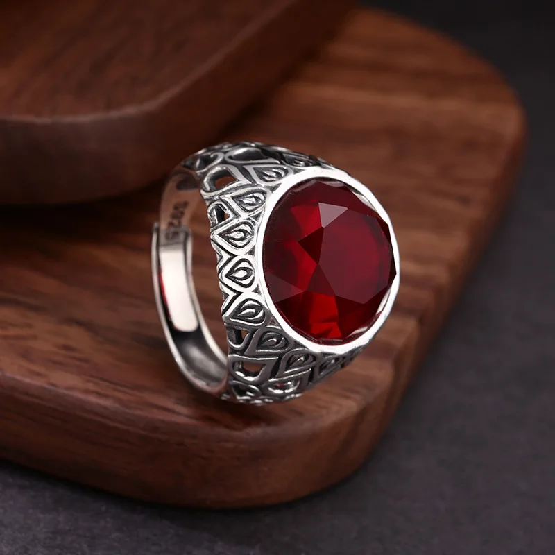 S925 Sterling Silver Open-end Ring Retro Trendy Personality Water Droplet Patterned Red Zircon Men's And Women's Rings