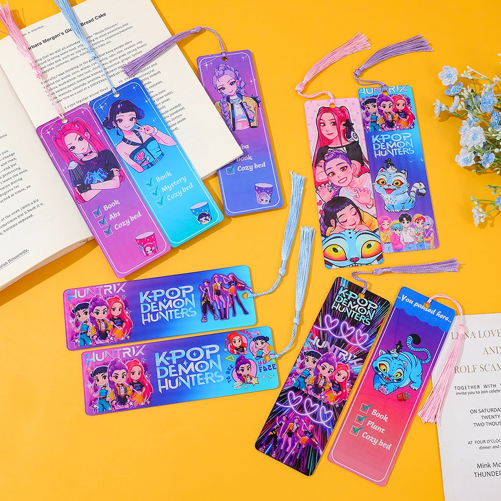Kpop "Demon Hunters" Acrylic Bookmarks with Tassels - Colorful Idol & Cartoon Designs, Durable Page Markers for Kpop Fans.