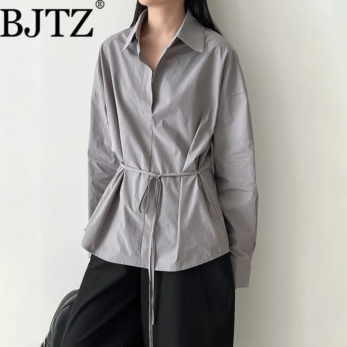 

BJTZ 2025 Spring Autumn Lapel Collar Blouse Women Vintage Casual Slimming Tie Waist Long Sleeve Shirt