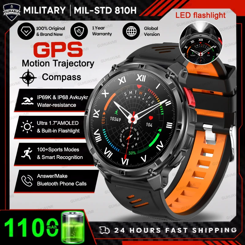 2026 HOT Nieuwe Sport Smartwatch 1100mAh Grote Batterij Duurzaam Kompas 10ATM Waterdicht Tactisch 170+ Sporten BT Oproep Smartwatch Heren