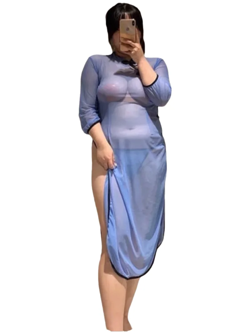 Spring Summer New Women's Large mm Sexy Republic Style Temptation 200 Jin Fat mm Solid Color High Split Perspective Dress H38V