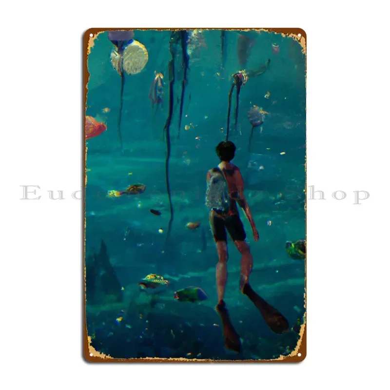 A Person Walking In The Ocean Underwater Full Of Aquatic Creators Metal Plaque Poster Garage Party Plates Tin Sign Poster