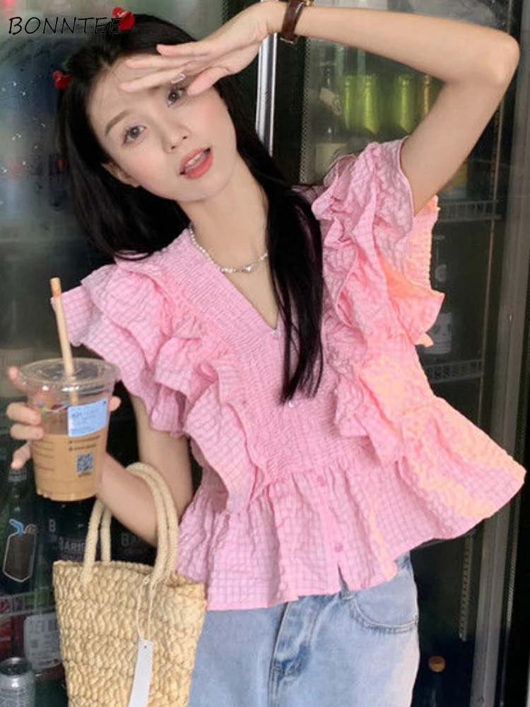 Ruffles V-neck Shirts Women Plaid Elegant Tender Chic Sweet Korean Fashion Ins Summer Minimalist Office Lady Sexy Princess Style