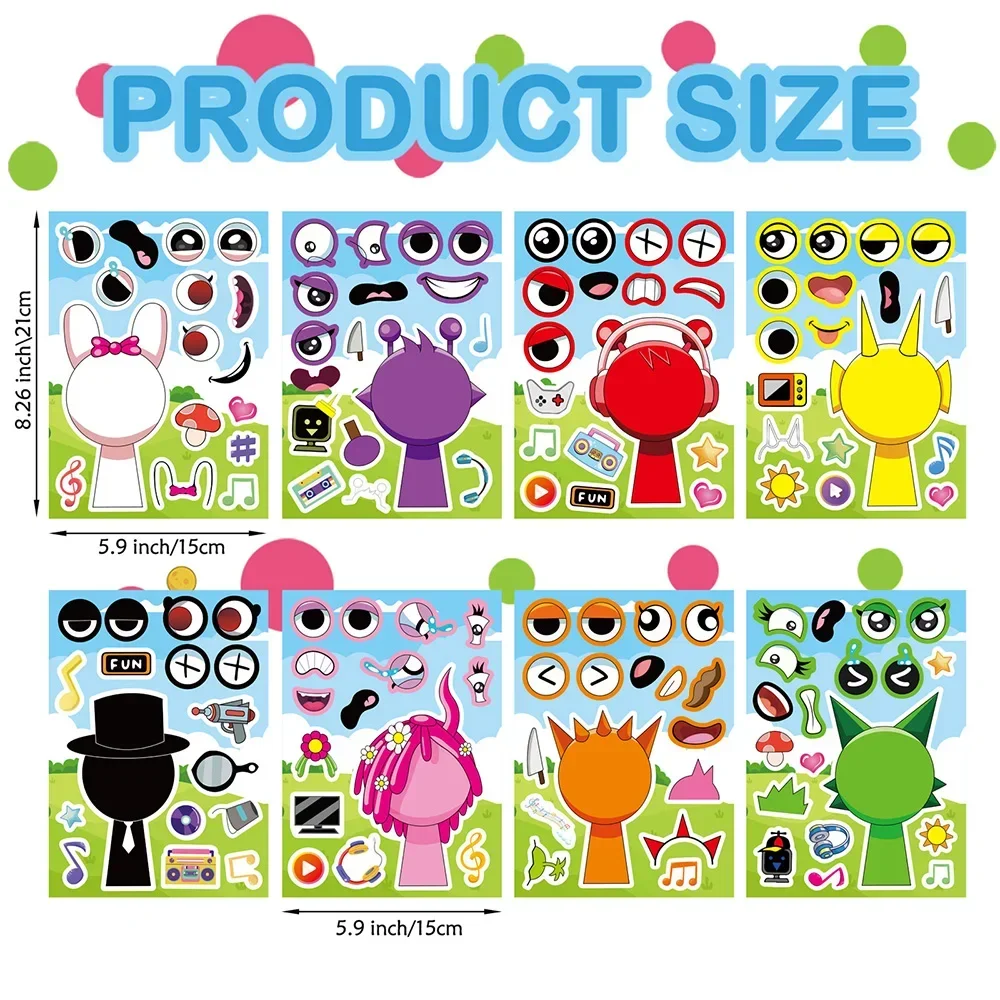 8/16Sheets Incredibox Sprunki Puzzle Stickers Children Make a Face Ryder Anime Assemble Jigsaw Kid DIY Game Party Decoration
