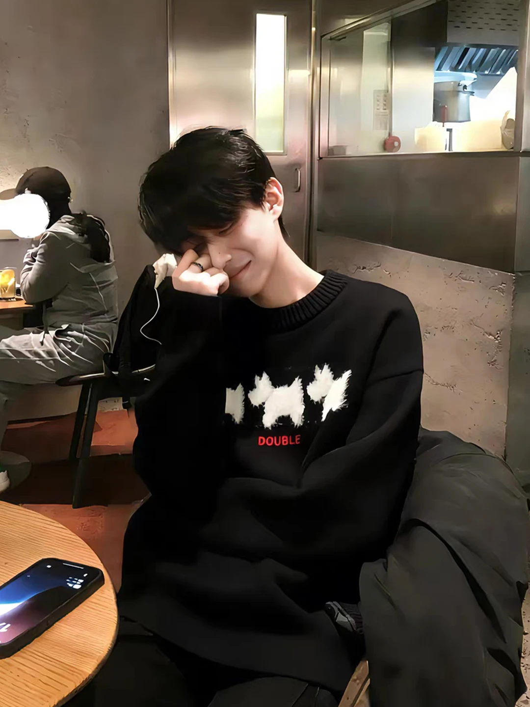 

Bla Fce-lined round Ne Knitwear Soft Plu Dog Patterned Men's Winter Casual Long Sve Warmth-Building Outerwear