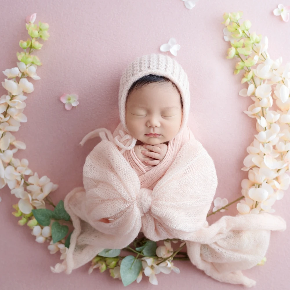 Pink Baby Wrap Newborn Photography Props Knitted Newborn Wraps for Photography Cotton Baby Hat Photo Shoot Accessories