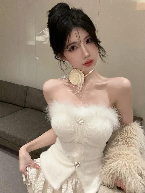 

Pure Desire Spicy Girl Patchwork Tube Top Inner Wear Vest Waist Cinch Chest Wrap Knot Cake Skirt Two Piece Set