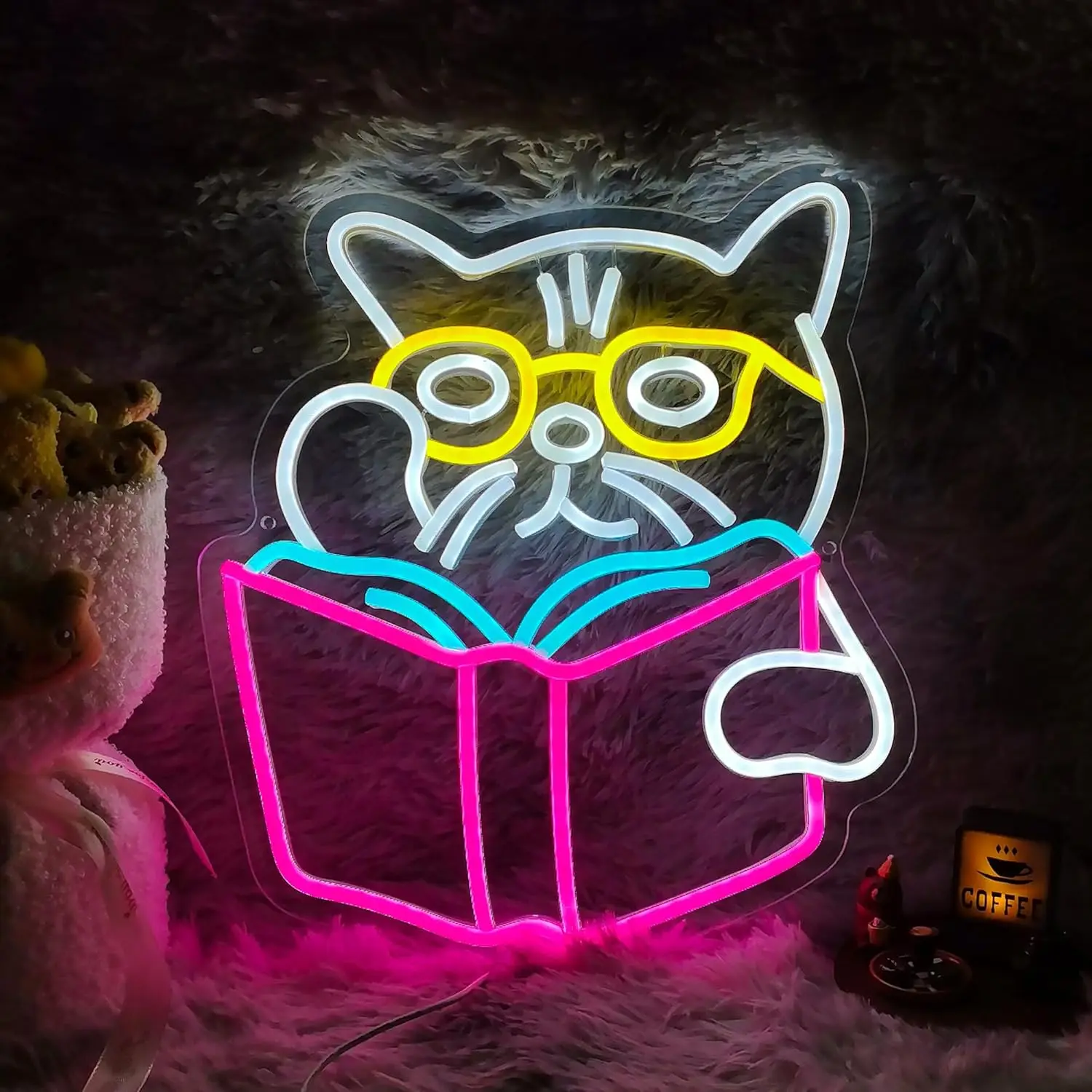 Old Cat Neon Sign Reading LED Neon Light Sign Used in Library Bookstore Classroom Bedroom Bar Wall Decor Gift for Book Lovers