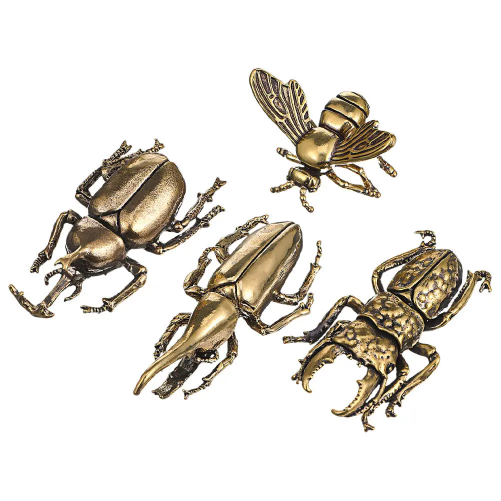 4Pcs Vintage Brass Bee and Beetle Figurines Retro Aged Finish Metal Insect Decor for Study Room Living Room Table Shelf Home