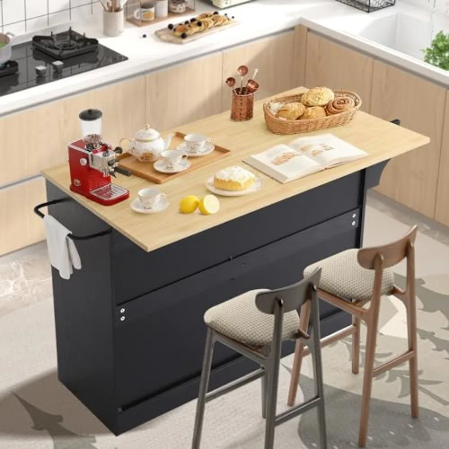 Kitchen Island with Trash Can Storage Drop Leaf on Wheels: stainless steel, matte black, space-saving modular design