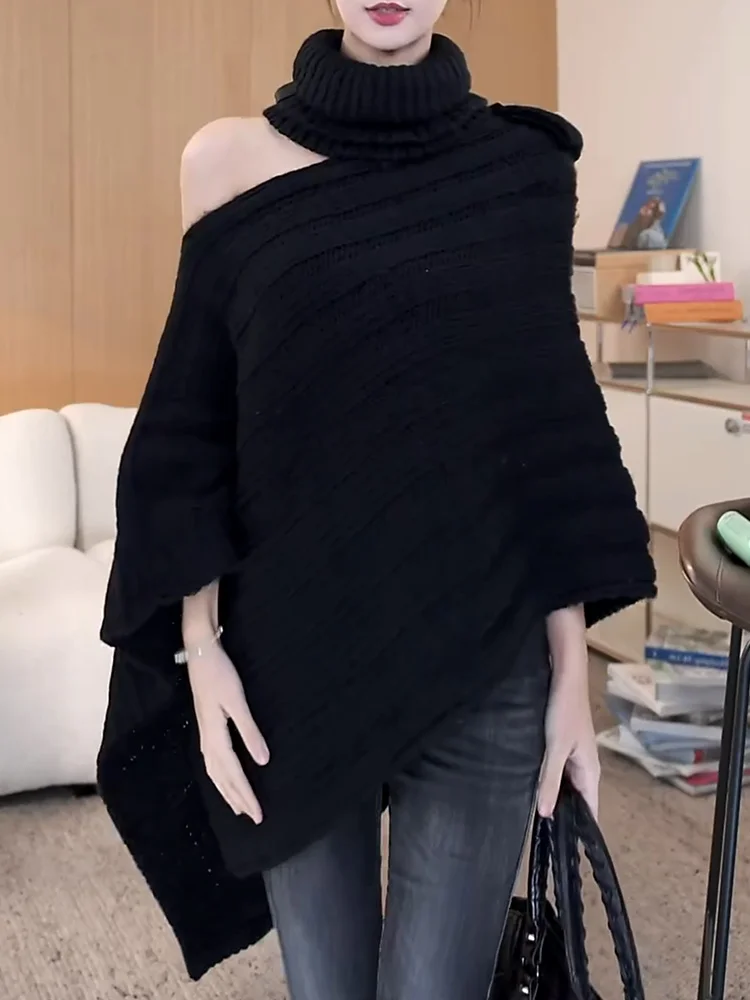 

Черный вязаный свитер оверсайз с открытыми плечами и длинными рукавами, женский, модный, универсальный, осенний, новинка 2025 года, теплый, термо, в корейском стиле