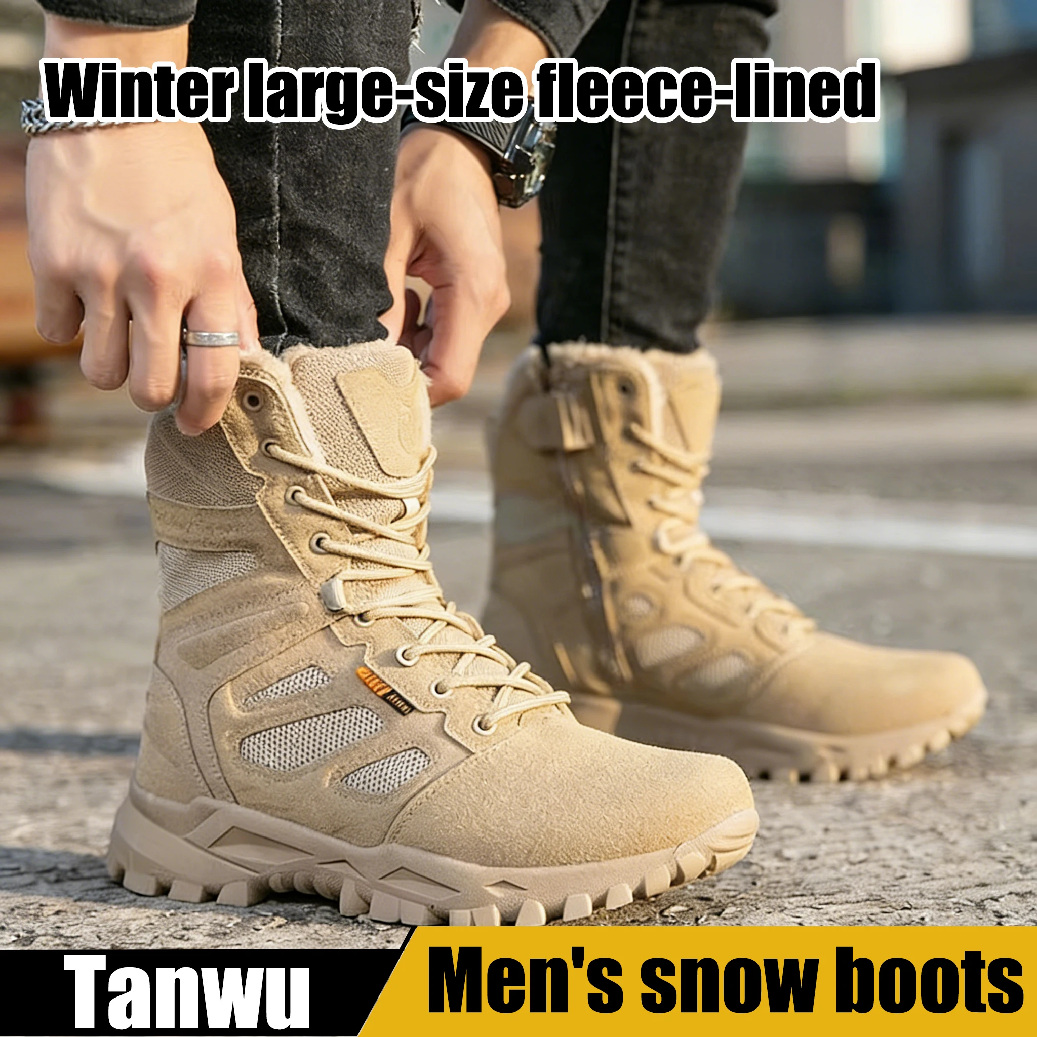

Winter large-size thickened men's snow boots with fleece lining, high-top cotton shoes, men's outdoor hiking cold-proof mountain