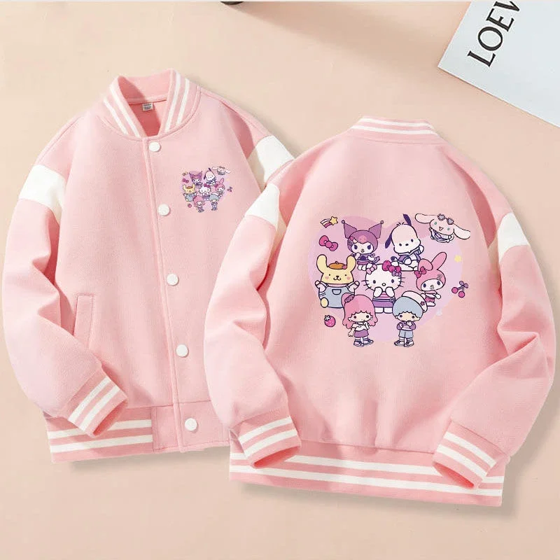 

Sanrio Kawaii Hello Kitty Round Neck Baseball Uniforms Kuromi Cinnamoroll Anime Cartoon Button Cardigan Jackets Children Coats