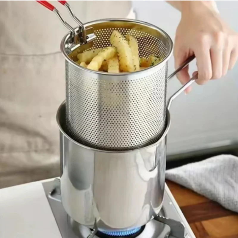 Fritteuse aus Edelstahl mit Pommes-Frites und Hühnerflügeln, kleiner Öltopf für den Haushalt mit Filtersieb, Tianfu Luo-Topf