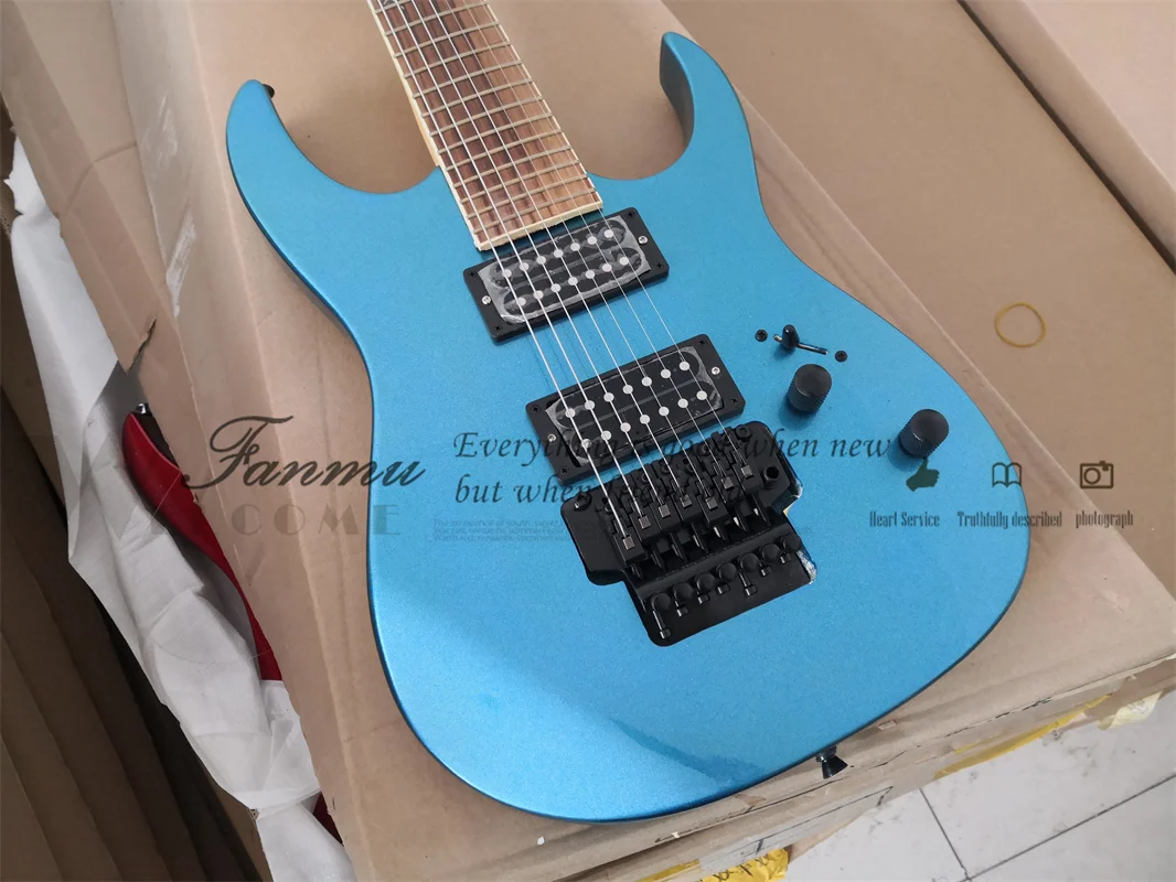 7 String Metal Blue Electric Guitar K7 Body Maple Neck  Tremolo Bridge Rosewood Fretboard  24 Frets Black Tuners