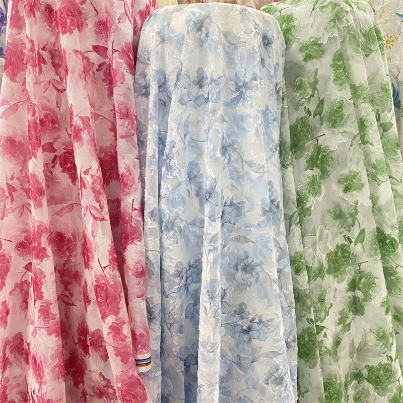 Jacquard Chiffon Fabric Summer By The Meter for Dresses Skirts Shirt T-shirt Sewing Needlework Cloth Thin Soft Breathable Flower