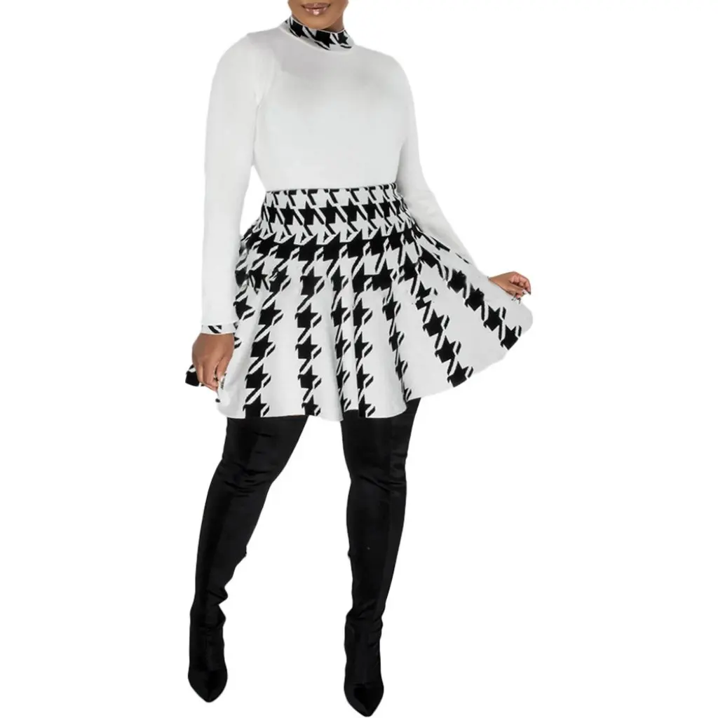 Tm8522 Dwuczęściowy zestaw w pepitkę, styl casual, długa spódnica z rękawami typu swing, modny damski komplet