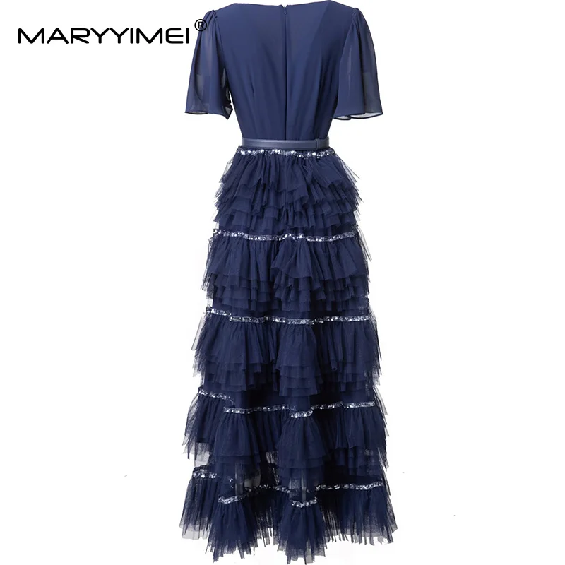 MARYYIMEI ファッションデザイン レディース イブニングドレス Vネック フレアスリーブ ソリッドスパンコール Aライン ボールガウン ドレス ベルト付き