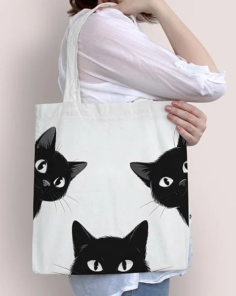 Cute Peeking Black Cat Tote Bag Versatile Canvas Shoulder Bag for College Student Women Girls Casual Travel Shopping Handbag