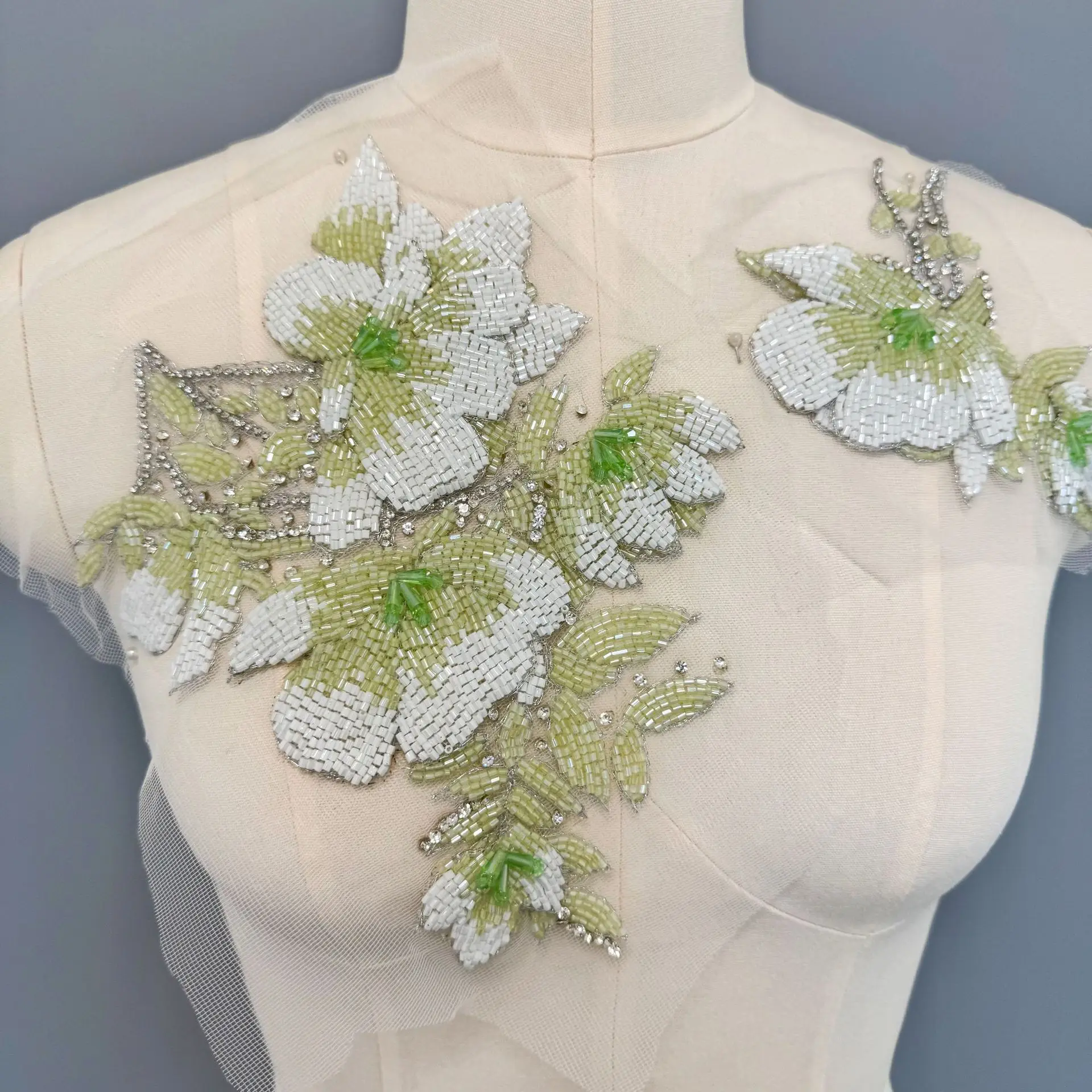 

Sparkly Beaded Lace Applique, green Floral Embroidery Patch with Sequins and Rhinestones for Dress DIY Decoration