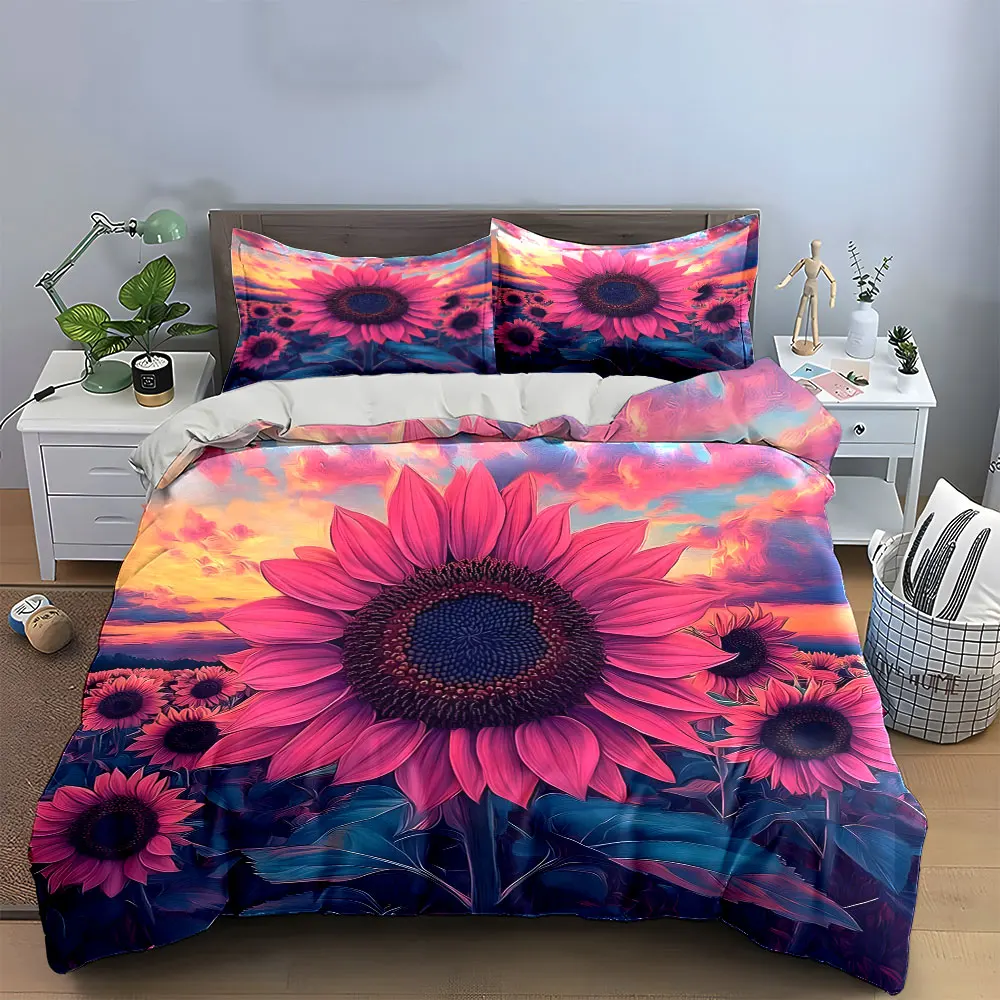

Pink Sunflower Art Decor Set Multiple sizes kid's and adults' bedroom Exquisite 3PC bedding set, gift