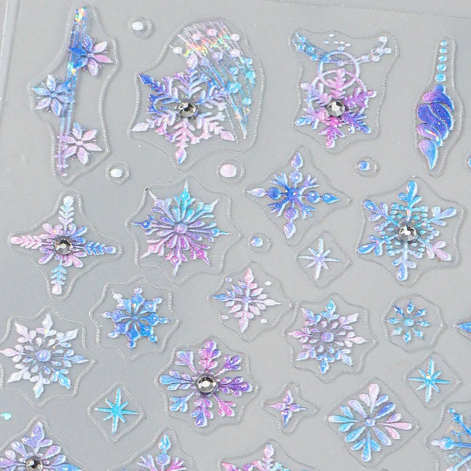 1pc 5D Dreamy Snowflake Nail Art Stickers Blue/Purple Winter Snowflake Star Laser Decals Rhinestone Foils Sliders Manicure Decor