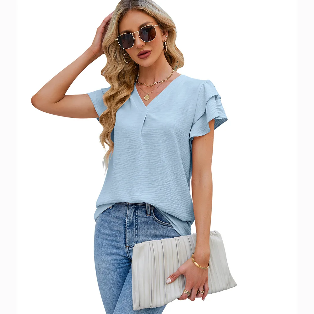 

VEITCHE Summer Women Casual Ruffle Short Sleeve Chiffon Blouse Shirts Fashion Women V Neck Solid Color Loose Office Work Out Top