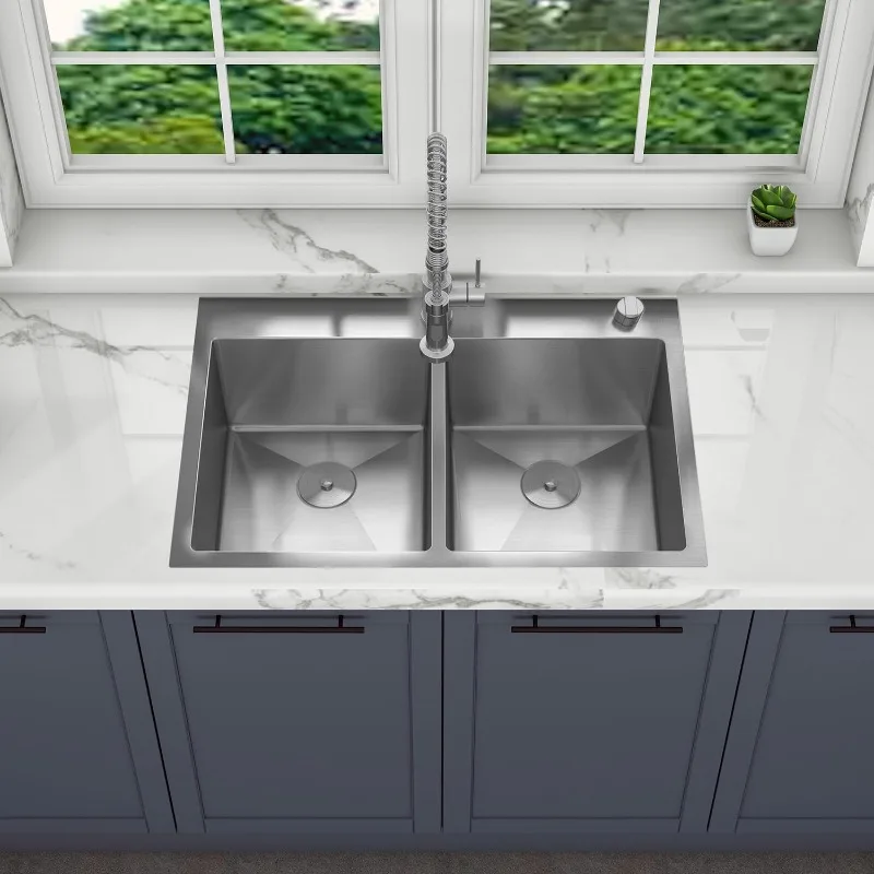 Drop in Double Bowl Kitchen Sink with 18 Gauge, 304 Stainless Steel, Satin Finish, HT3322D-9-S, Sink Only, 33 