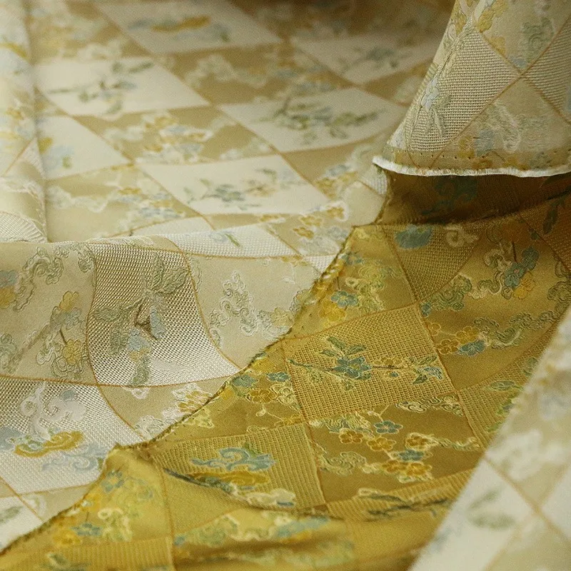 New spring style printed yellow base silk jacquard fabric for Chinese-style cheongsam and Hanfu